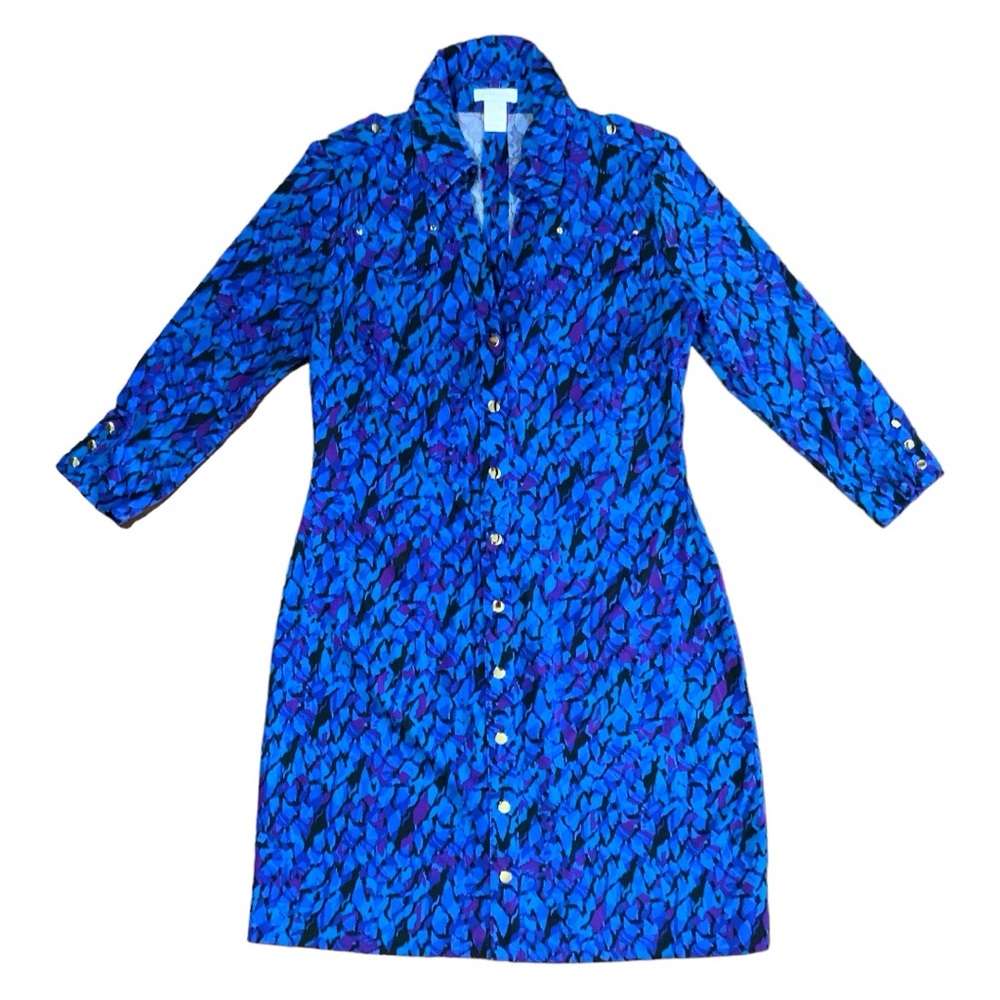 Cache Women’s blue printed slinky knit shirt dress  Size M
